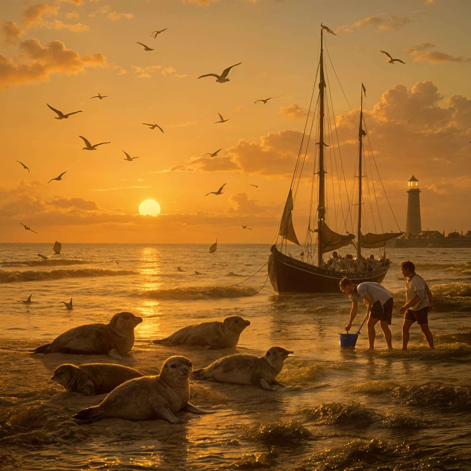 Sunset Over Wadden Sea with Seals and Lighthouse