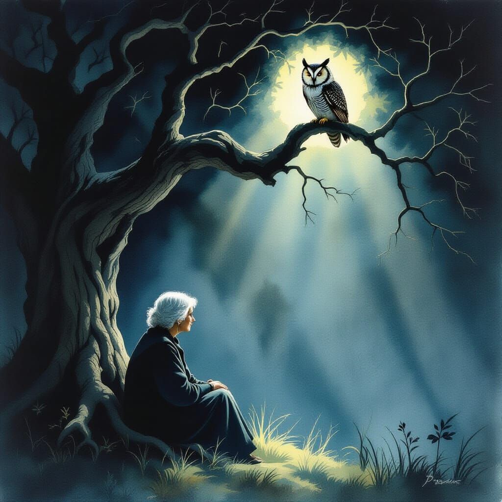 Elderly Woman and Owl Under Ancient Tree, Dramatic Lighting