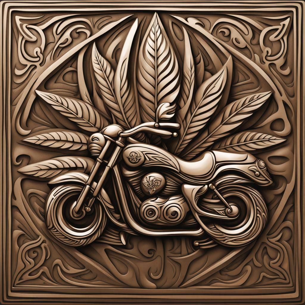 Tribal Relief Design with Motorcycle and Marijuana Leaf