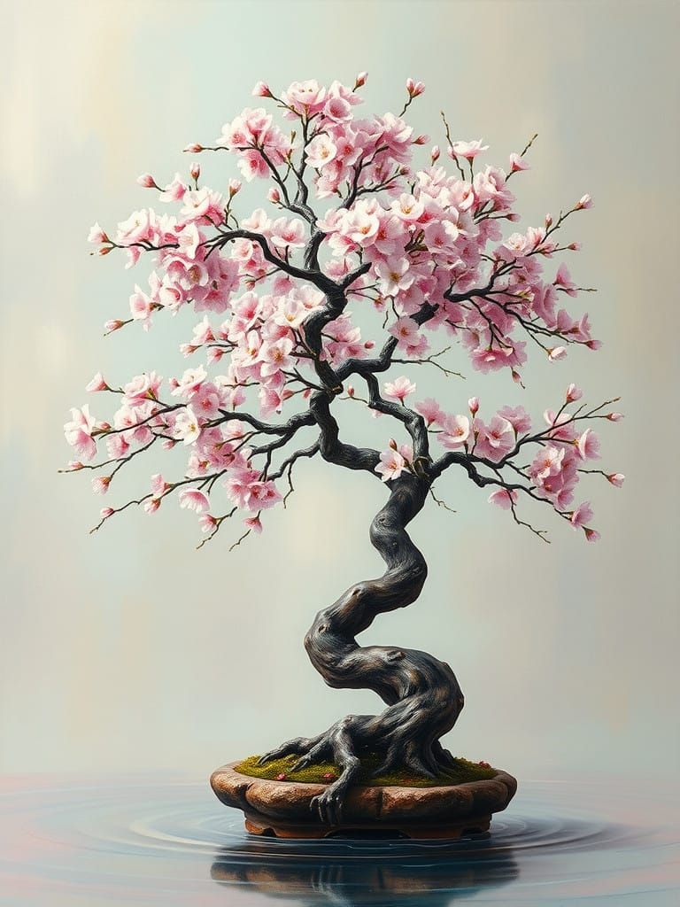 Surreal Cherry Blossom Bonsai in Oil Painting Style