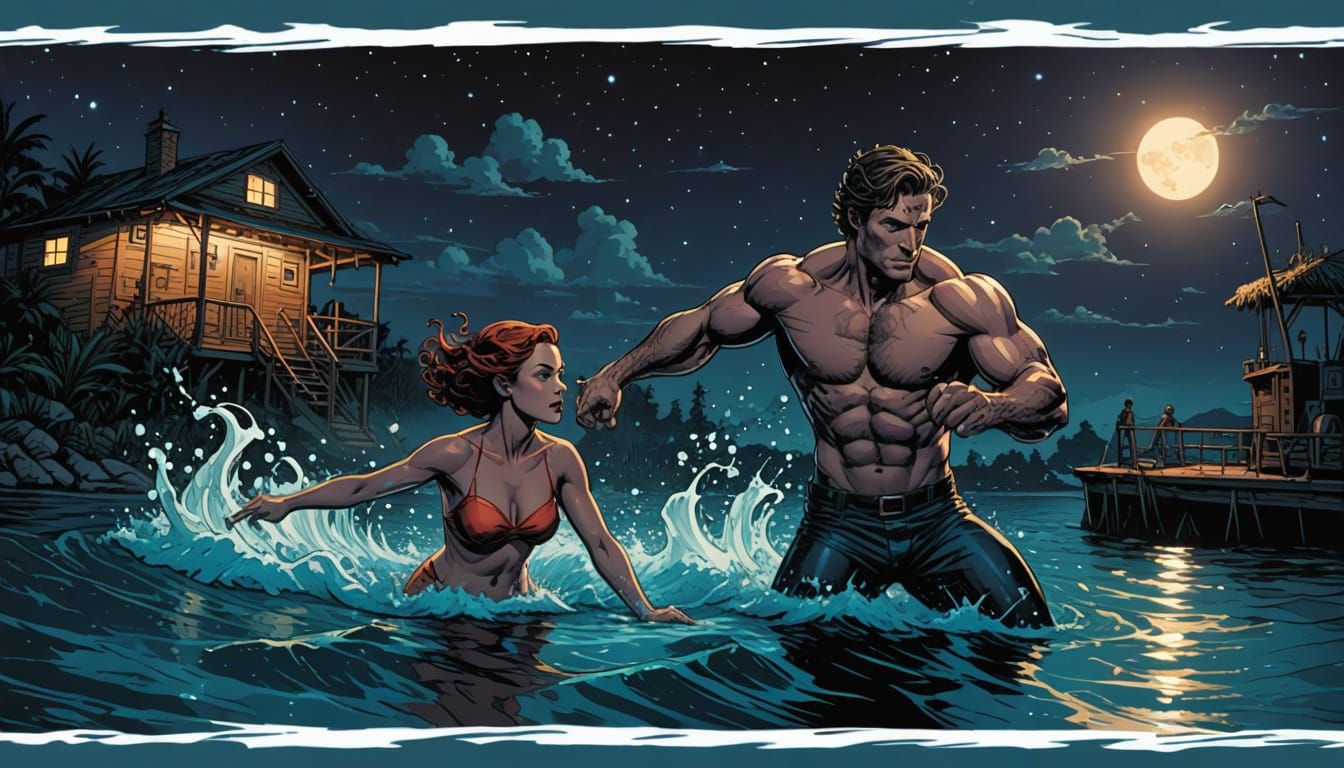 Nighttime Comic Book Art of a Smooth Underwater Scene