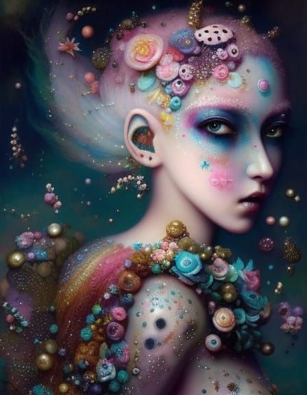 Colorful pretty vibrant mixed media pointillism dreamy pixie princess portrait