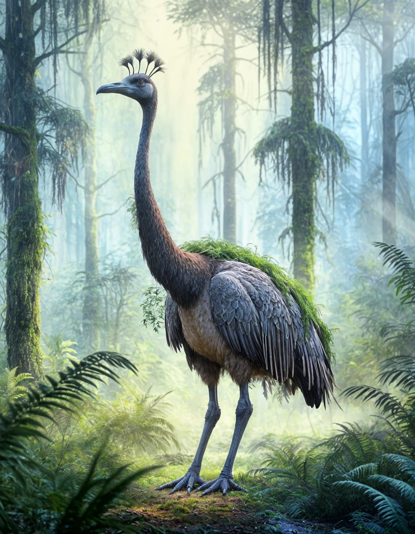 Giant Moa Bird in Misty Forest at Dawn