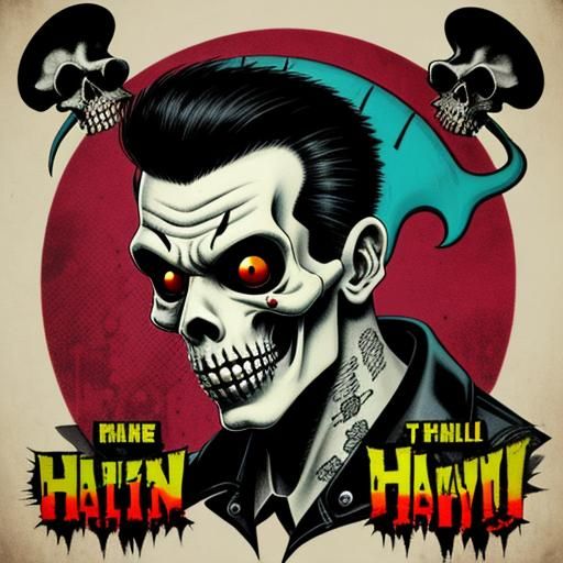 Psychobilly Punk Skull Monster in Retro Horror Style
