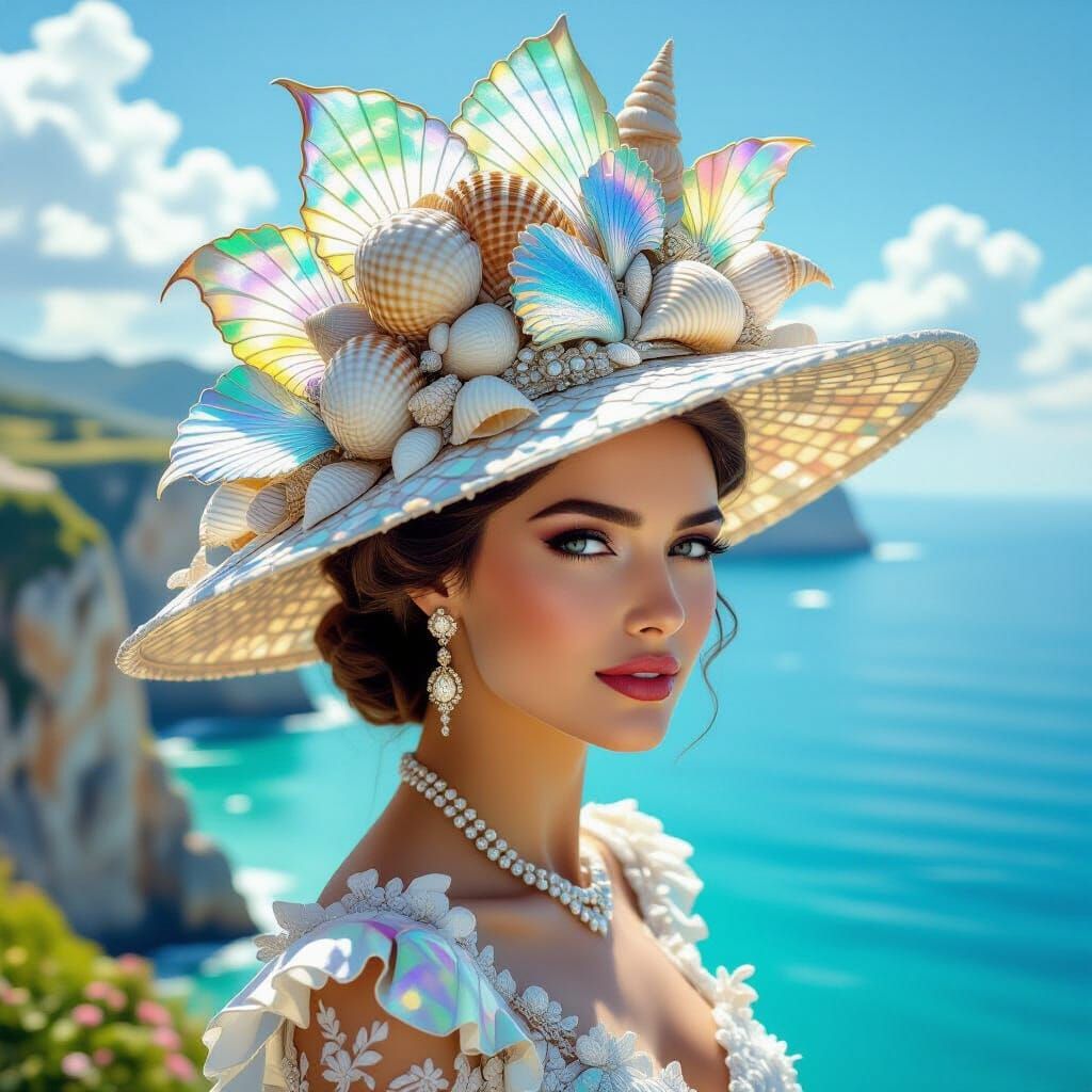 Regal Queen with Fish Scale Hat on Coastal Cliff