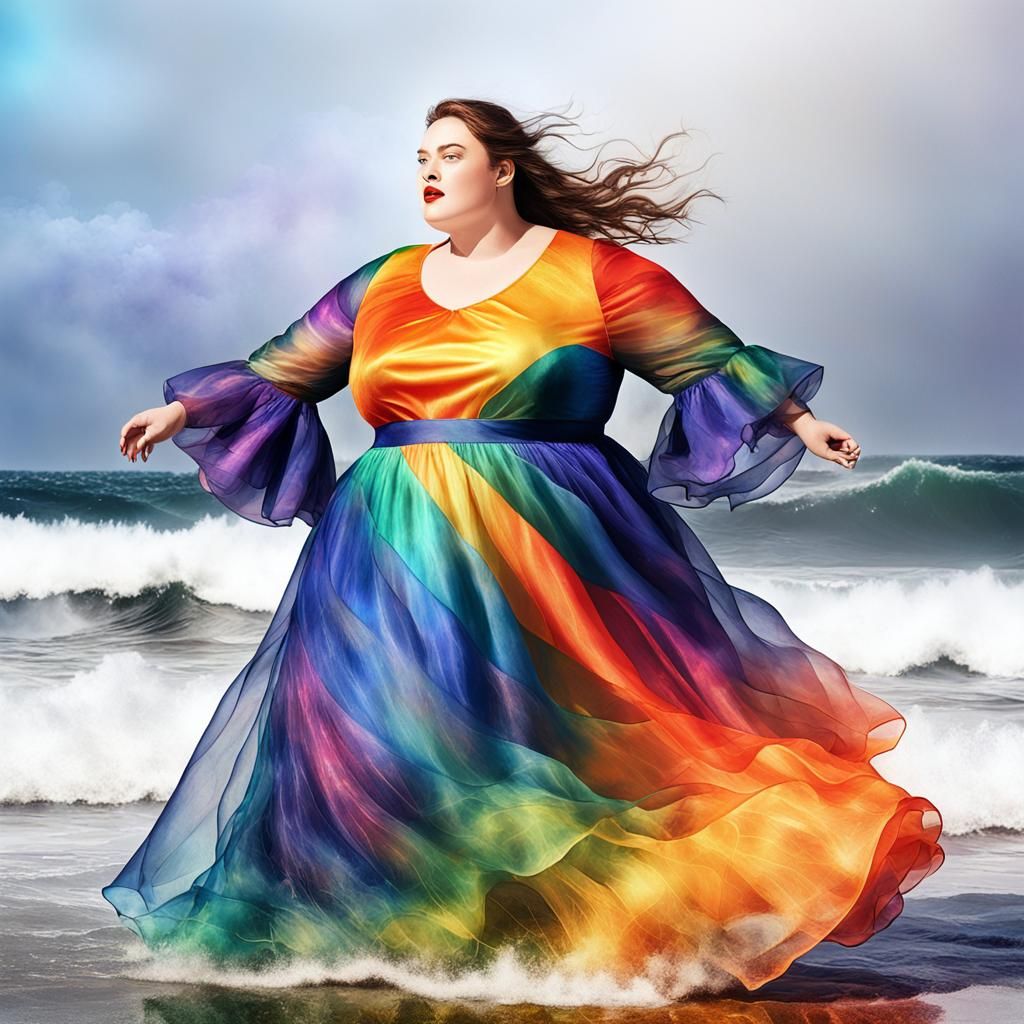 Rainbow Dress Seascape Portrait with Bold Brushstrokes