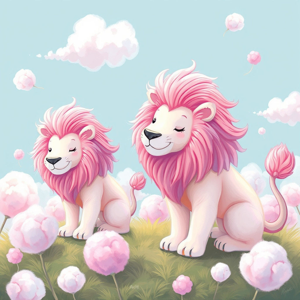 Whimsical Cotton Candy Lions in Dreamlike Illustration