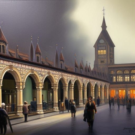 Gothic Railway Station in Oil Painting Style