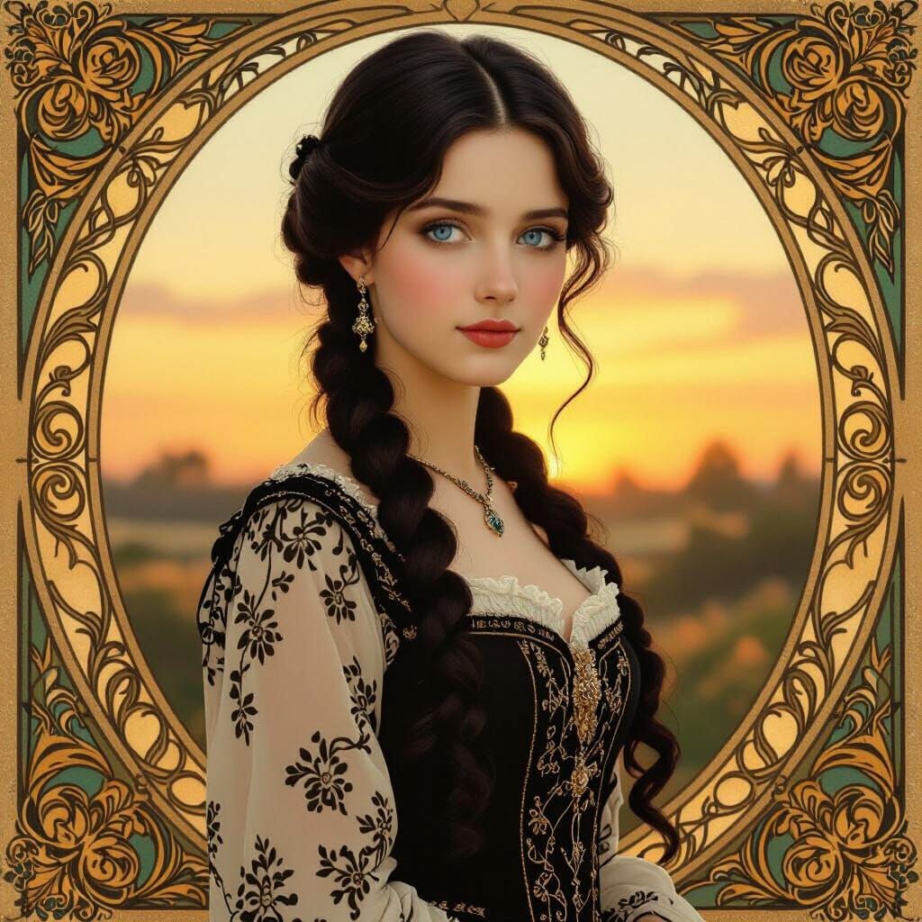 Victorian Lady in Golden Hour, Art Nouveau Style