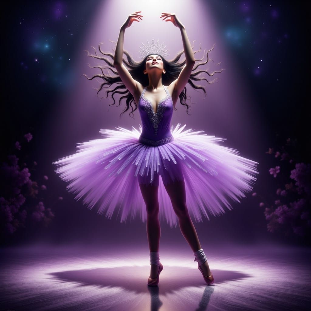 A Hyperrealistic Ballerina in a Dramatic Stage Setting