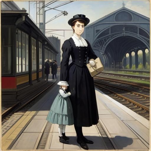 Woman and Child at Railway, Impressionistic Style