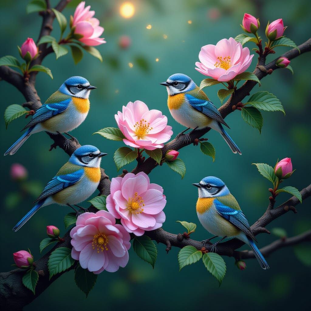 Vibrant Watercolor Birds on Flowering Tree, Highly Detailed