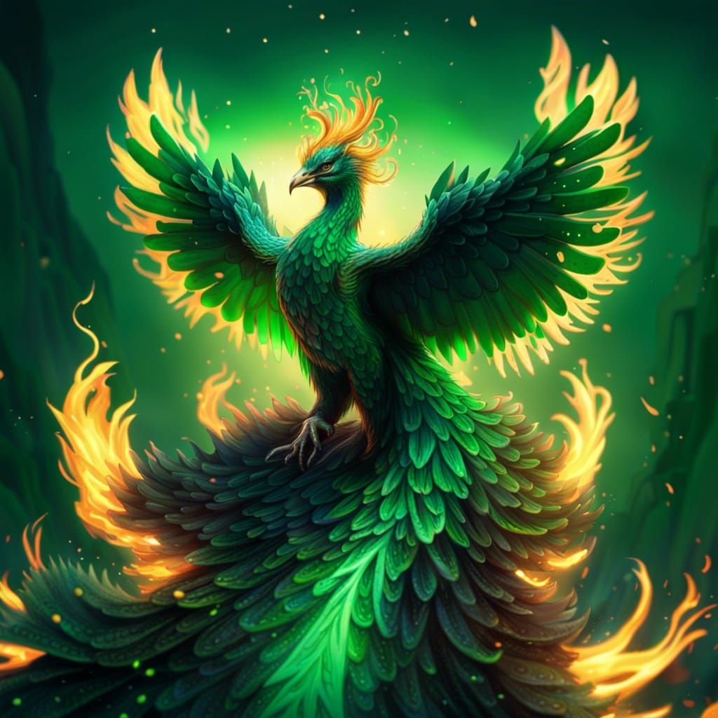 Green Flame Phoenix Rising: Digital Matte Painting