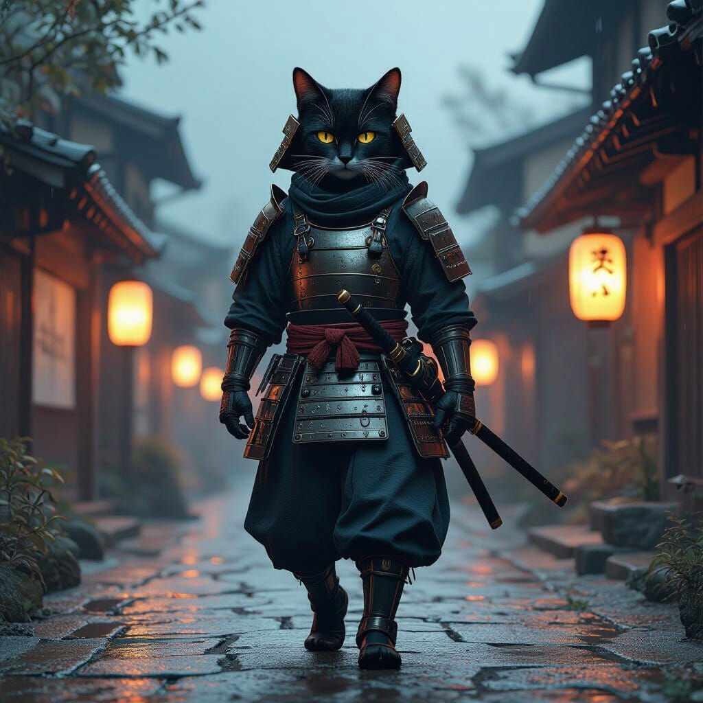 Humanoid Cat Samurai in Ancient Japanese Village