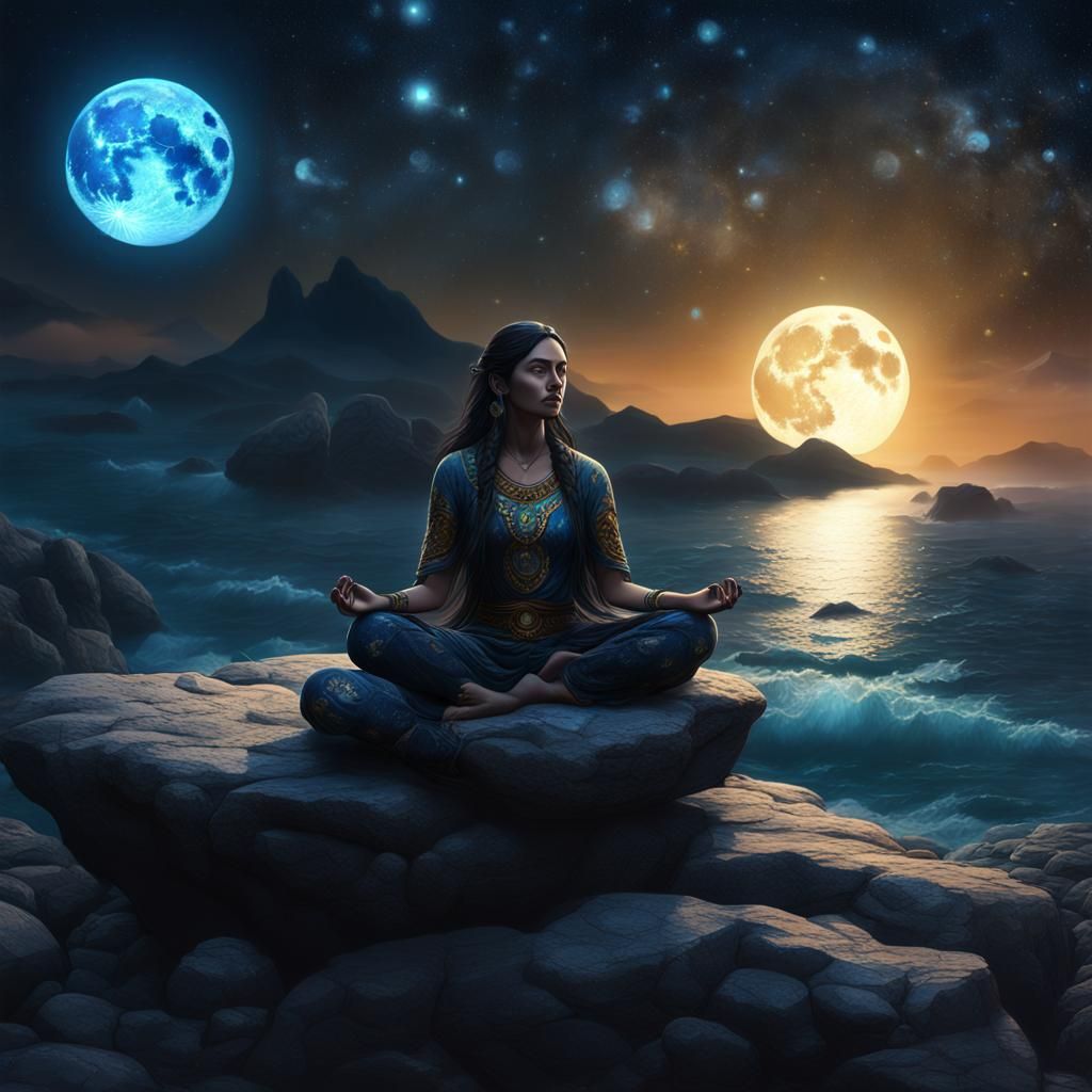 Latina Woman Meditating Under Moonlight