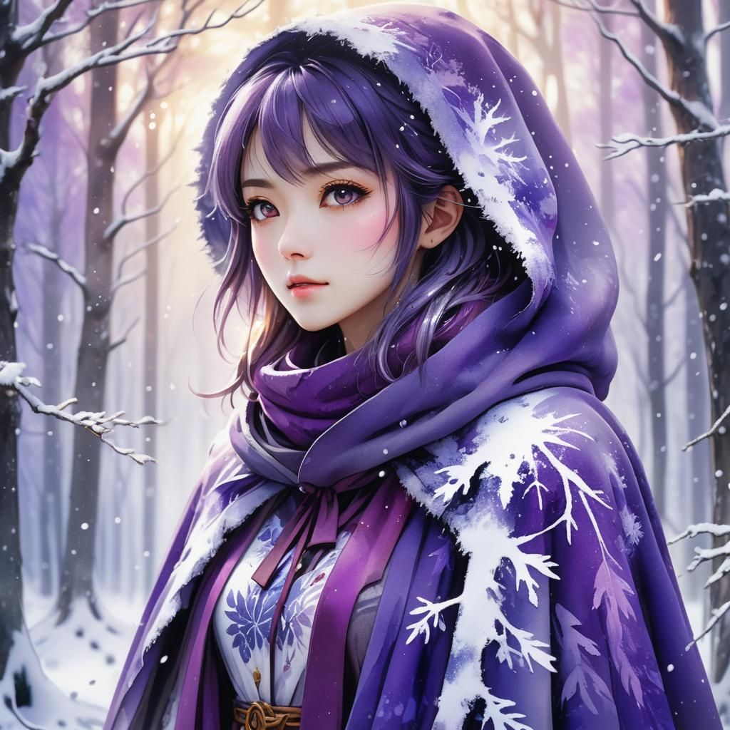 Anime Girl in Purple Cloak, Winter Woodland