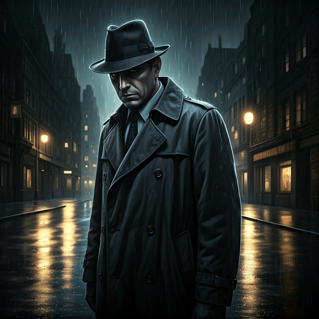 Noir Cityscape: Man in Trench Coat in Rain