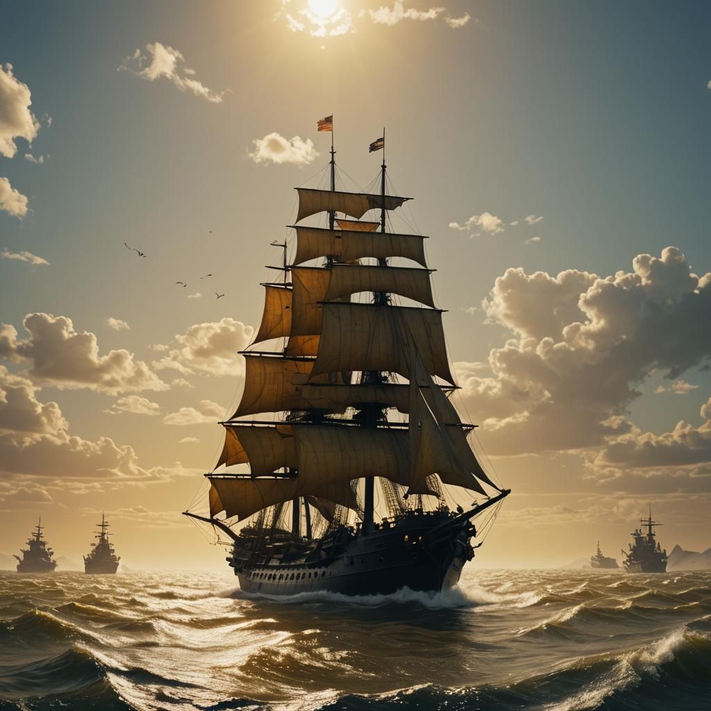 Warship Silhouette on Sunny Sea: Detailed Matte Painting