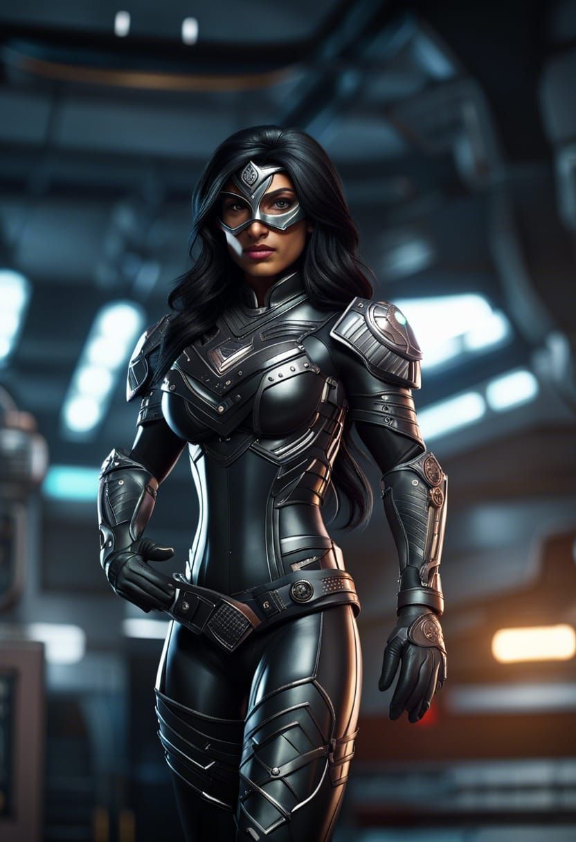 Indian Teenage Superheroine in Tactical Armor on Rooftop