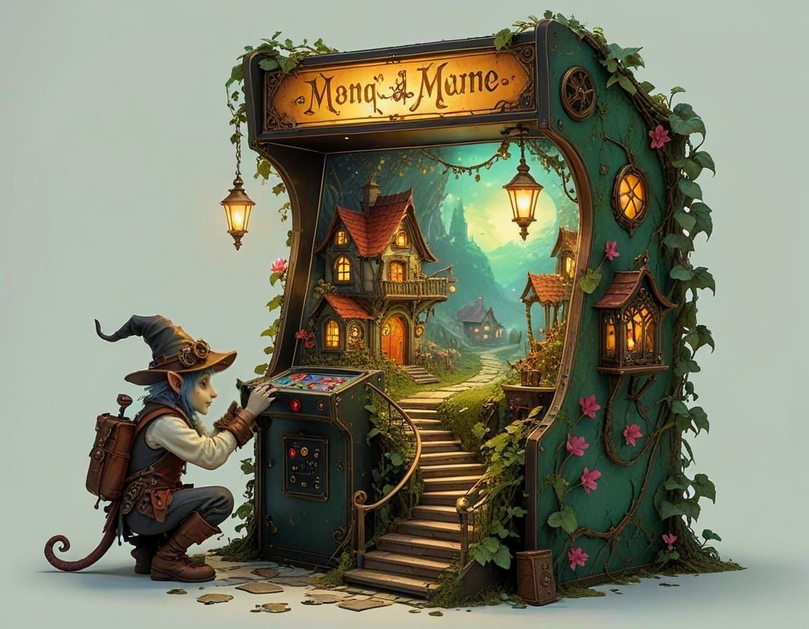 Steampunk Imp Repairs Tiny Village Inside Arcade Machine