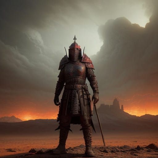 Knight Amidst Dystopian Desert Chaos