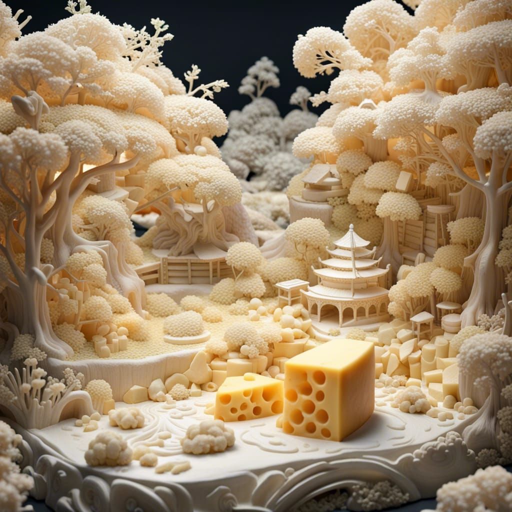 Make only out of cheese, different kinds of cheese, carved!!!! Intricate WHITE Only Japanese Fantasy landscape made of c...