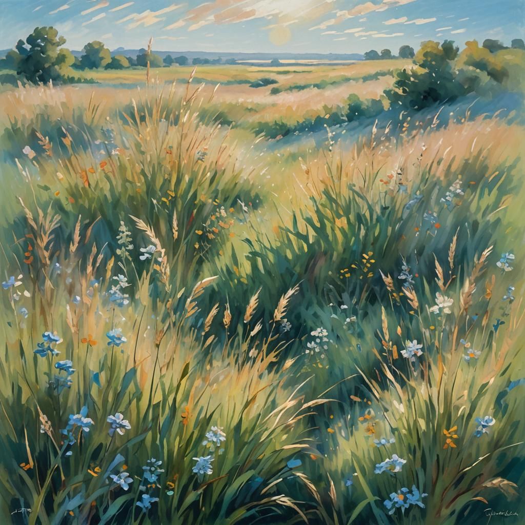 Impressionist Prairie with Gentle Breeze and Sunlight