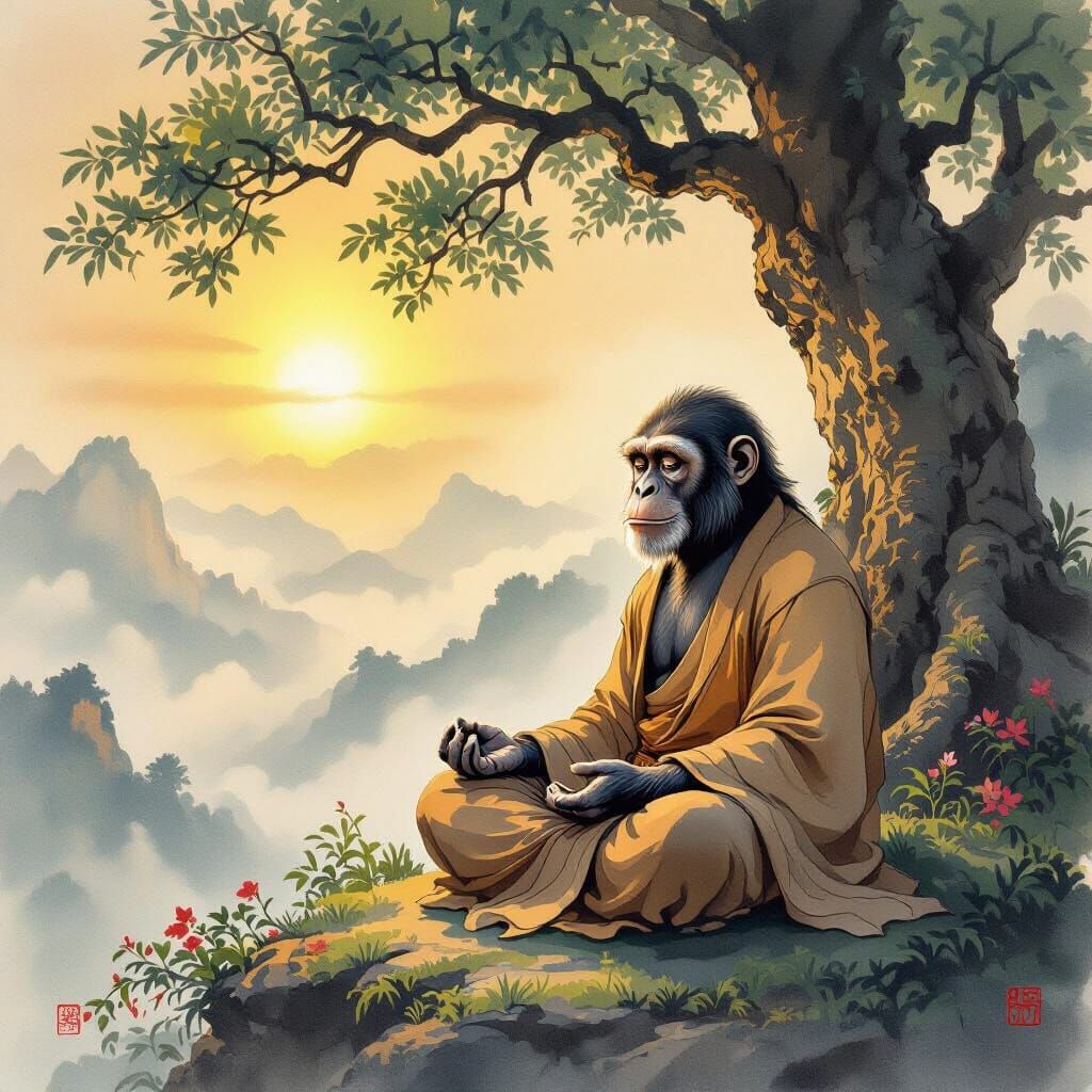 Chimpanzee Meditating in Chinese Ink Wash Style
