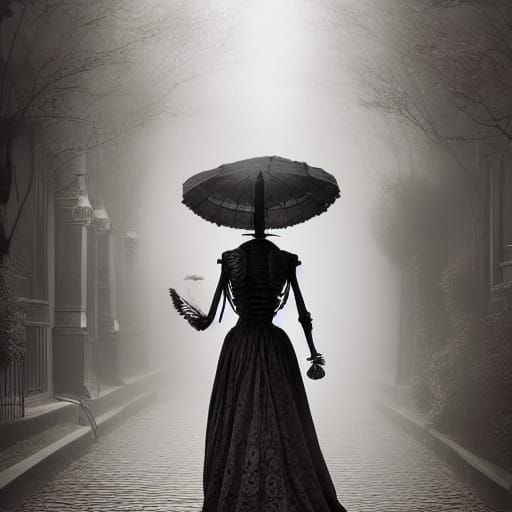 Victorian Skeleton Woman on Misty Street