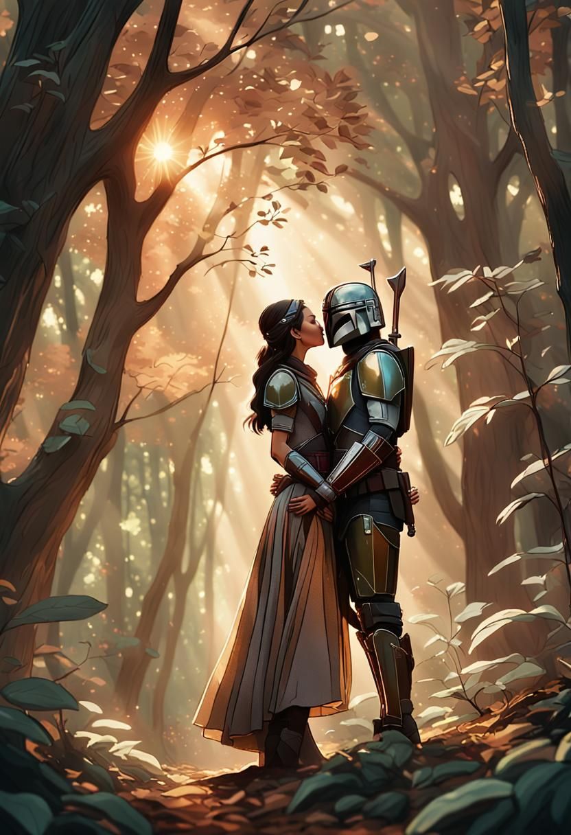 Mandalorian and Princess Kiss in Golden Forest Light