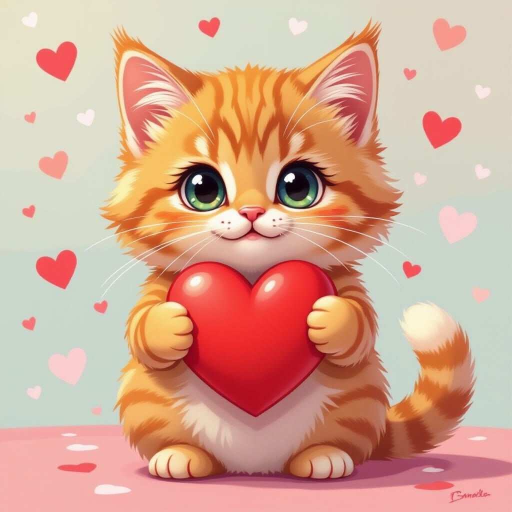Kawaii Orange Tabby Cat Holding Valentine Heart