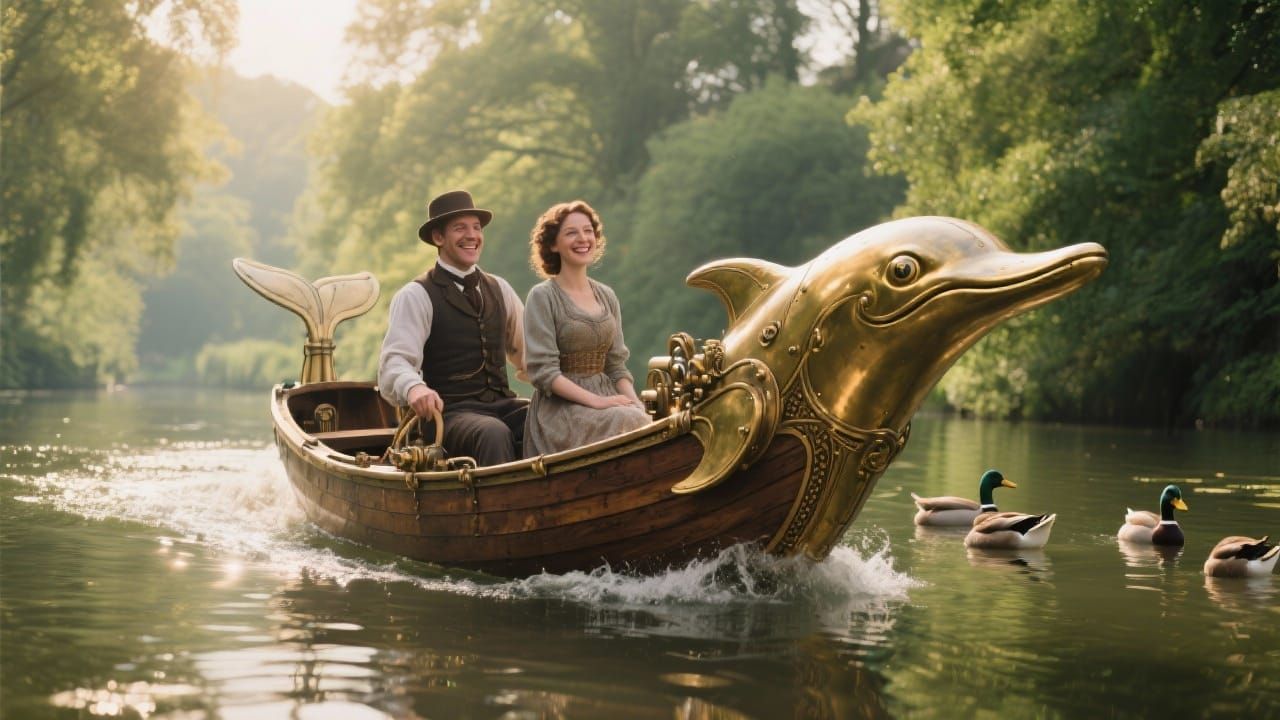 Steampunk Dolphin Boat on Sun-Dappled English River