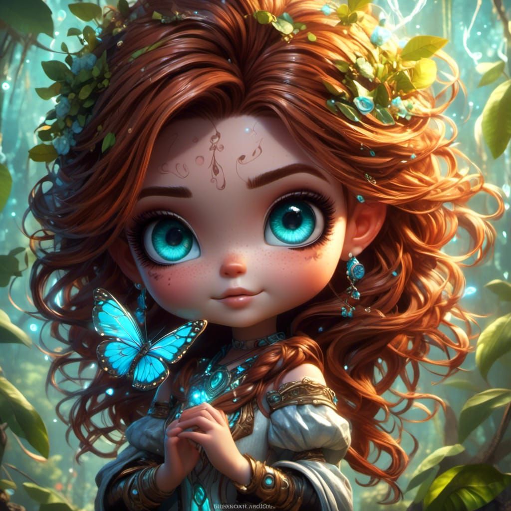 Chibi Cyberfairy with Bioluminescent Eyes, Detailed Illustra...