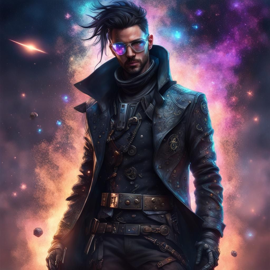 Cyberpunk Assassin Portrait with Exploding Star Background