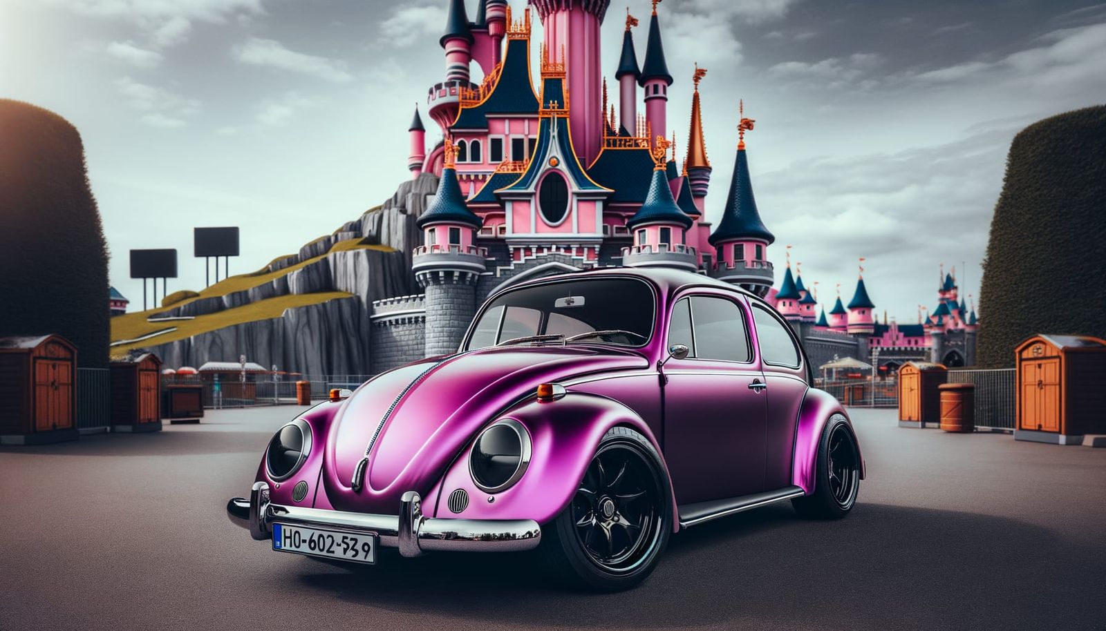 1960's era neon purple VW Bug  with gloss black wheels parked in front of Disney World