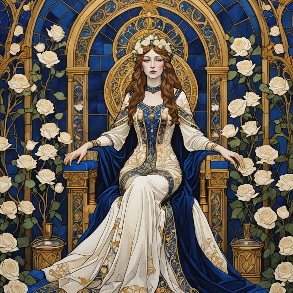 Art nouveau, priestess sitting on a royal blue velvet throne in a golden room surrounded by candles and white roses, s...