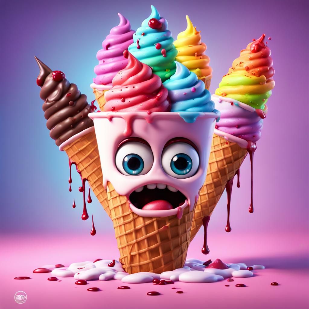 Screaming Rainbow Ice Cream with Chainsaw: 3D Digital Art