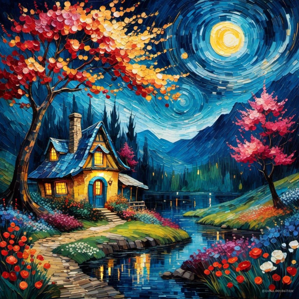 <lora:VanGoghXLv1:1.0> Magical landscape, teapot house, flow...