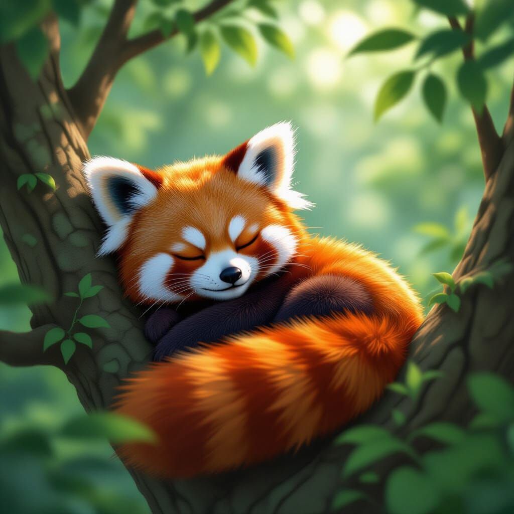 Red Panda Asleep in Lush Forest: 3D Anime Art