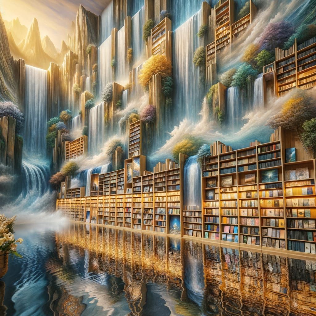 Surreal Indoor Book Fair with Waterfalls