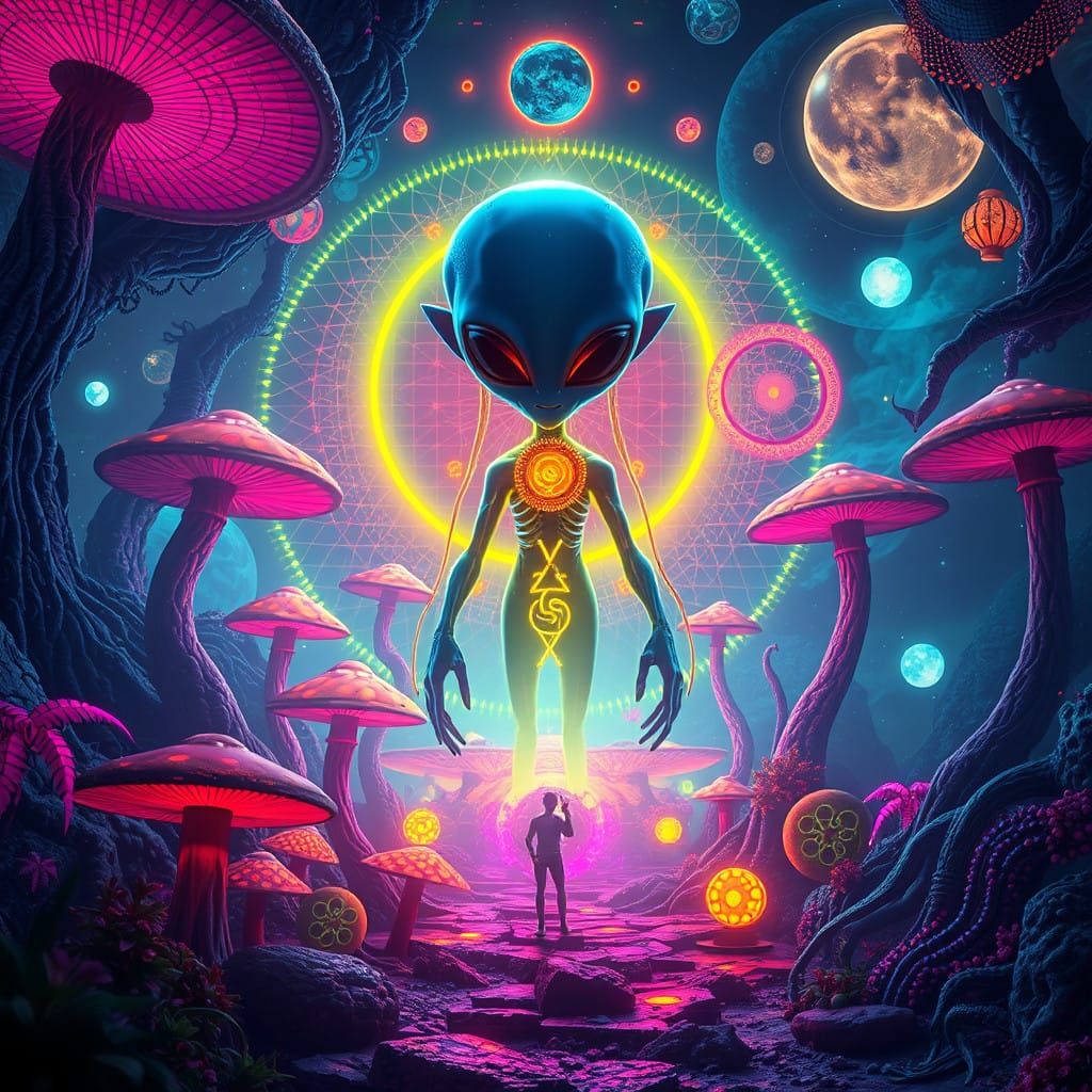 Vibrant Psy Trance EP Cover in Cyberpunk Style with Alien En...