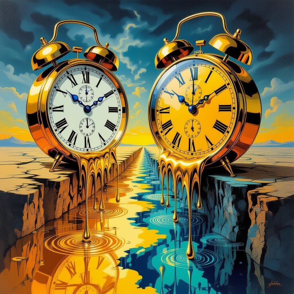 Surreal Melting Clocks in Dreamlike Scene