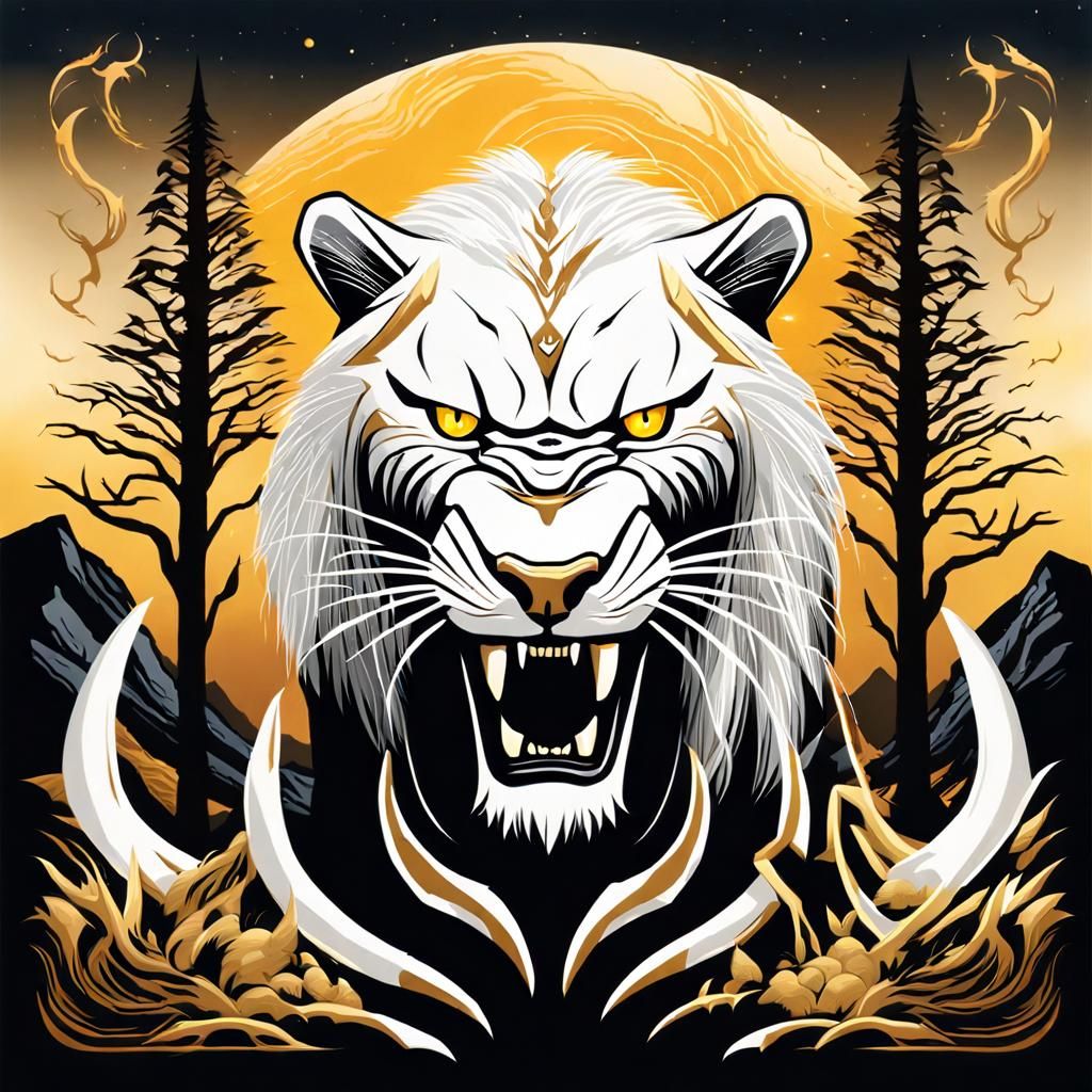 Angry White Sabertooth Guardian in Marbled 3D Style