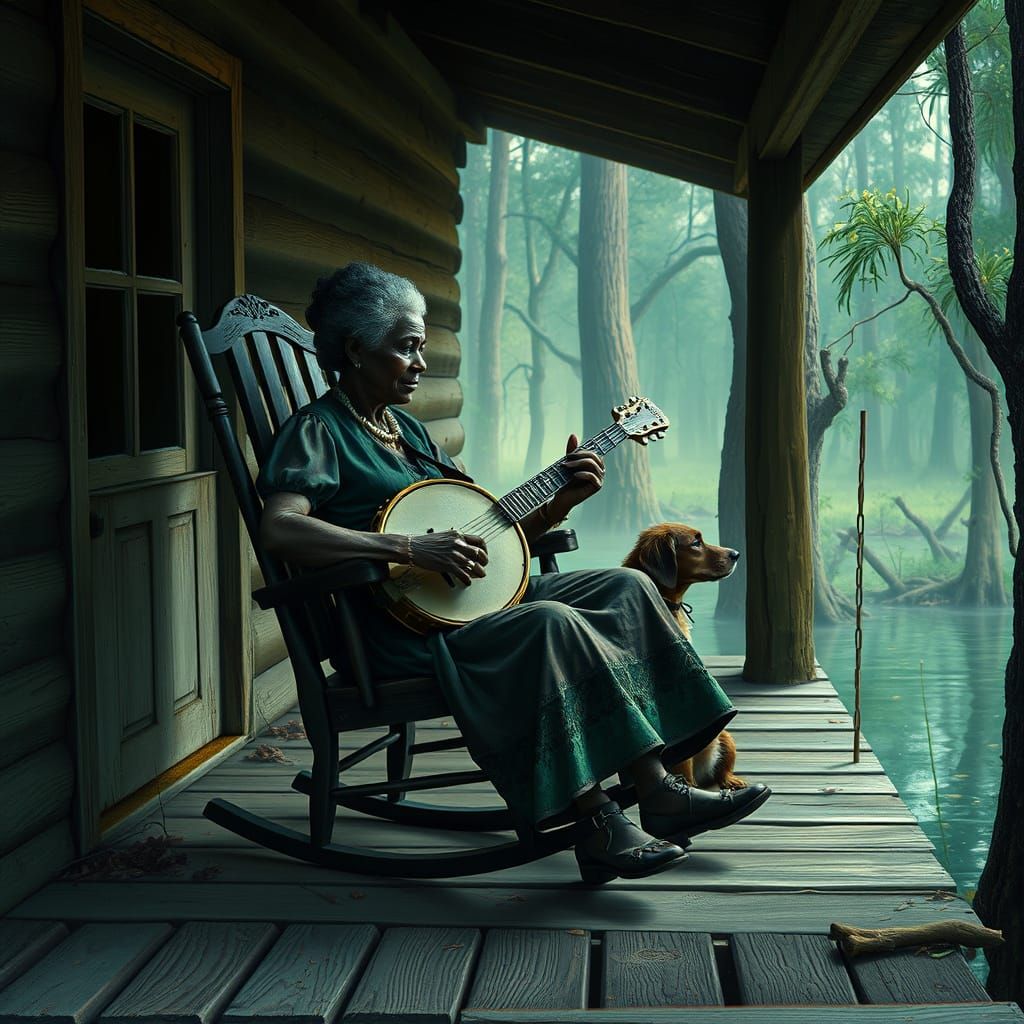 Early 1900s illustration of an old cabin in a Louisiana swamp (bayou), an old black woman in her rocking chair plays the...