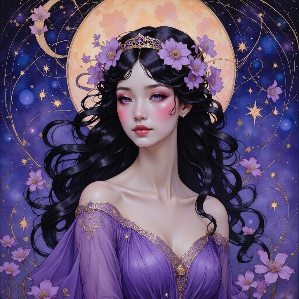 Art Nouveau Woman Under Twinkling Stars