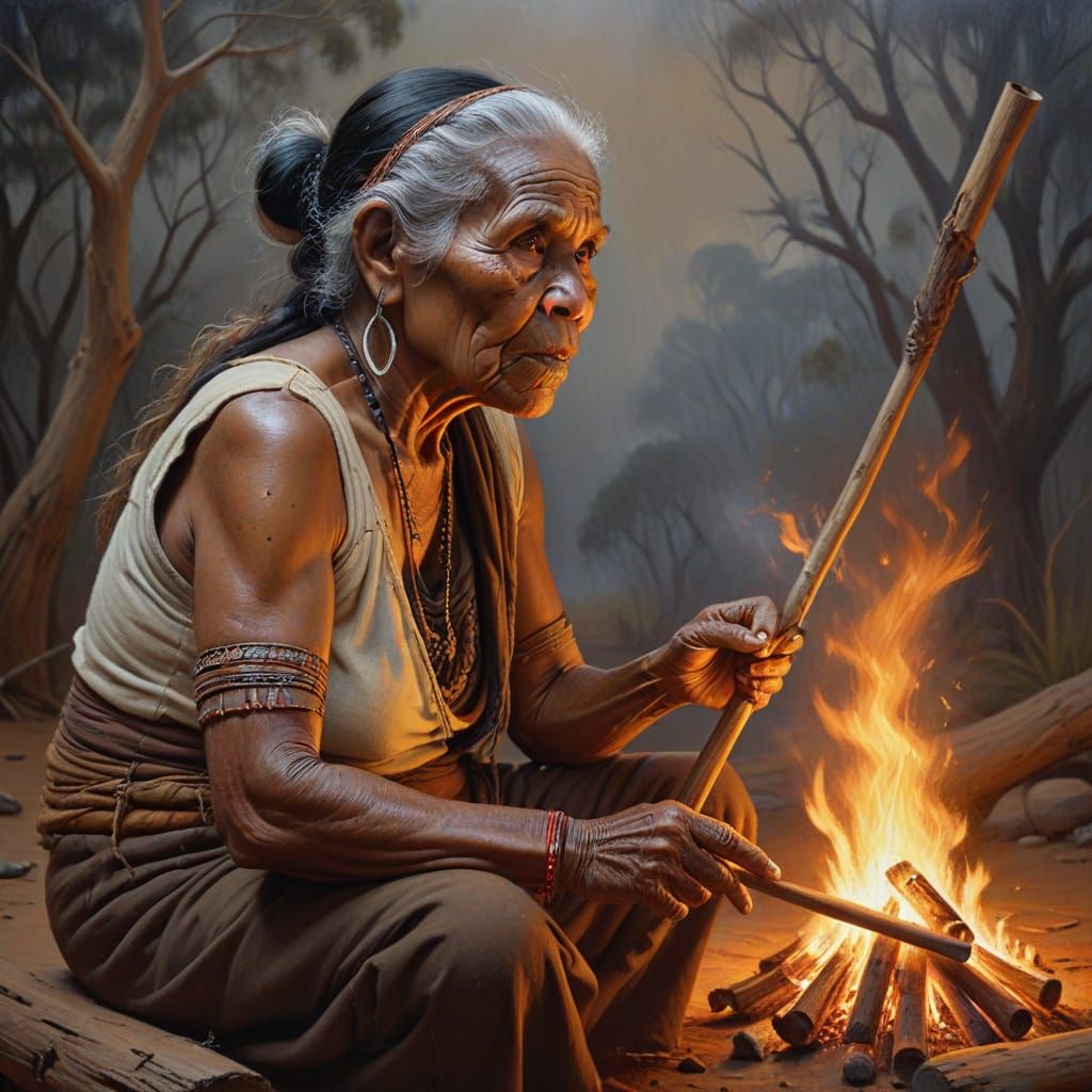 Aboriginal Woman Playing Didgeridoo in Outback Oil Painting