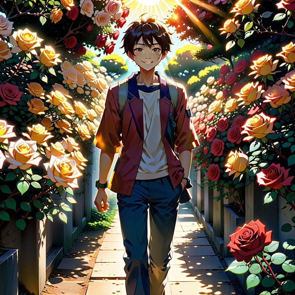 Anime Style: Japanese Boy Among Roses in Sunlight