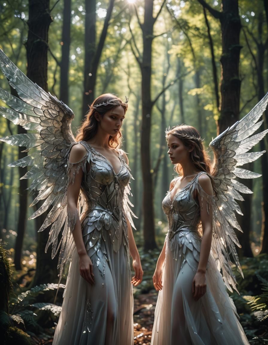 Angel and Demon with Crystal Wings in Forest