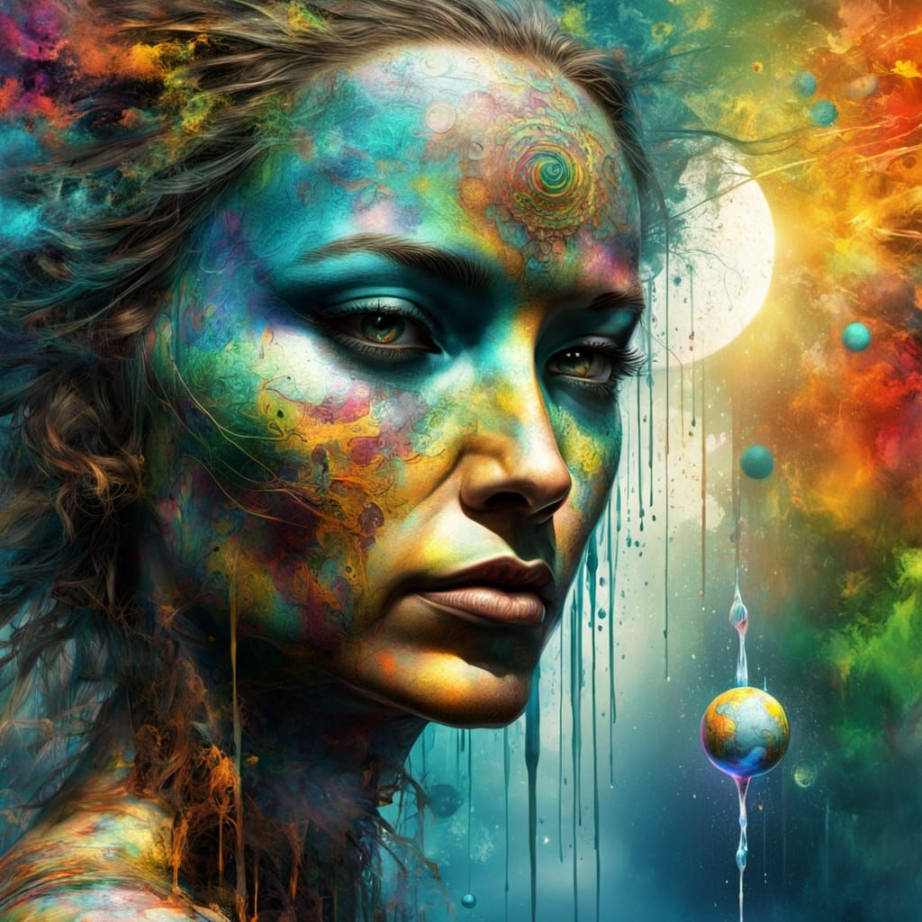 Vibrant Shamanic Goddess in Graffiti Art with Celestial Back...