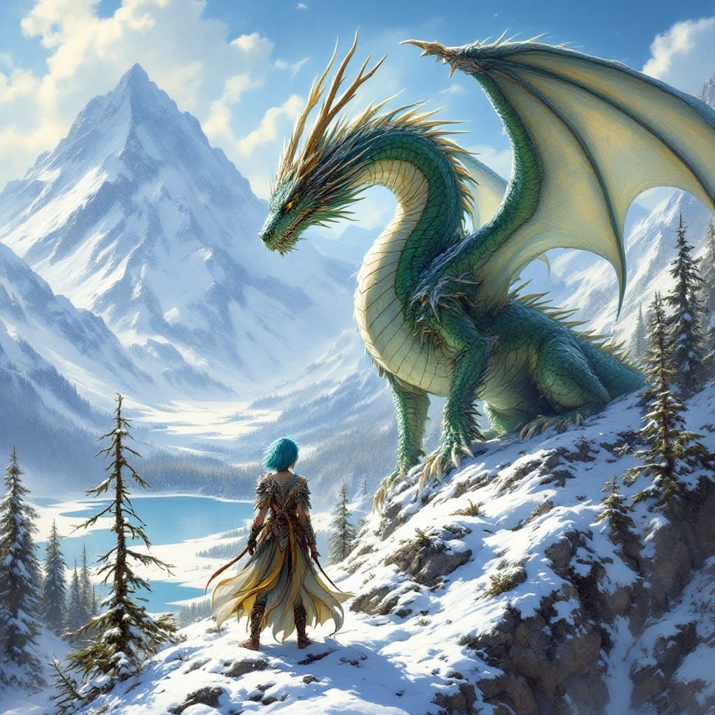 Majestic Dragon and Warrior in Snow-Capped Mountain Landscap...